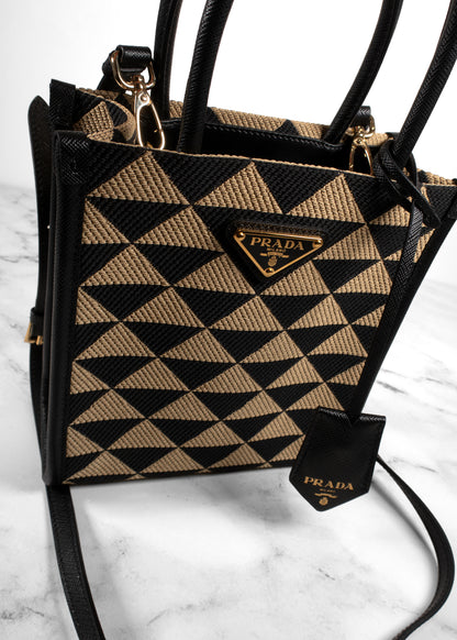 Prada Black And Tan Jacquard Saffiano Triangolo Symbole Mini Tote