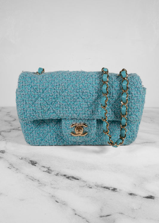 Chanel 22 Mini Light Blue Wool Tweed Flap Bag