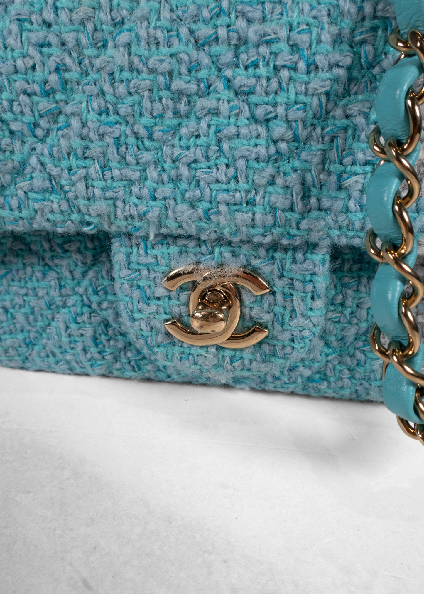 Chanel 22 Mini Light Blue Wool Tweed Flap Bag