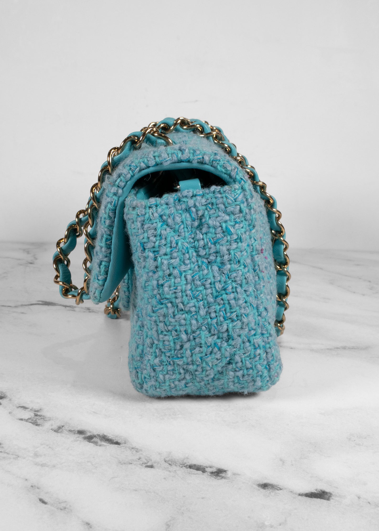 Chanel 22 Mini Light Blue Wool Tweed Flap Bag