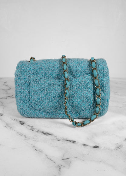 Chanel 22 Mini Light Blue Wool Tweed Flap Bag