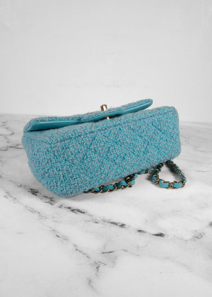 Chanel 22 Mini Light Blue Wool Tweed Flap Bag