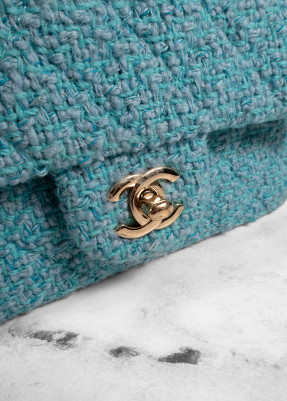 Chanel 22 Mini Light Blue Wool Tweed Flap Bag