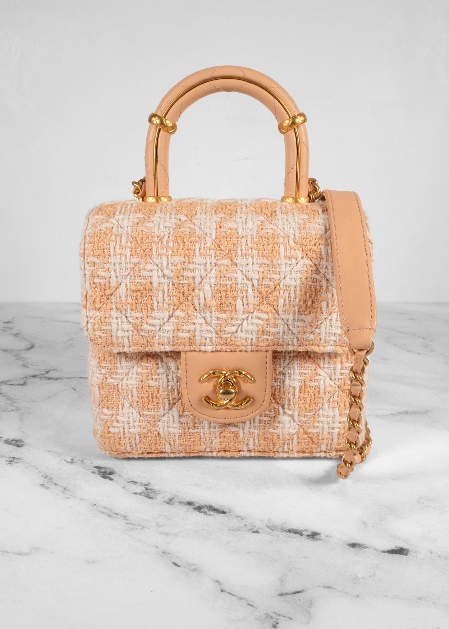 Chanel Peach And White Tweed Mini Square Flap Bag