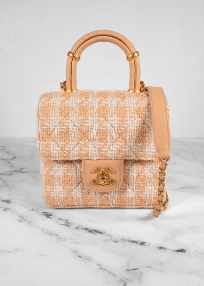 Chanel Peach And White Tweed Mini Square Flap Bag