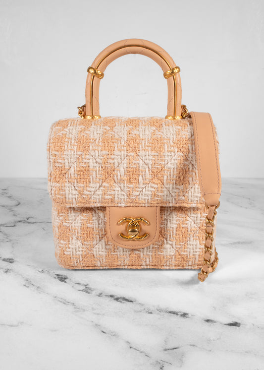 Chanel Peach And White Tweed Mini Square Flap Bag