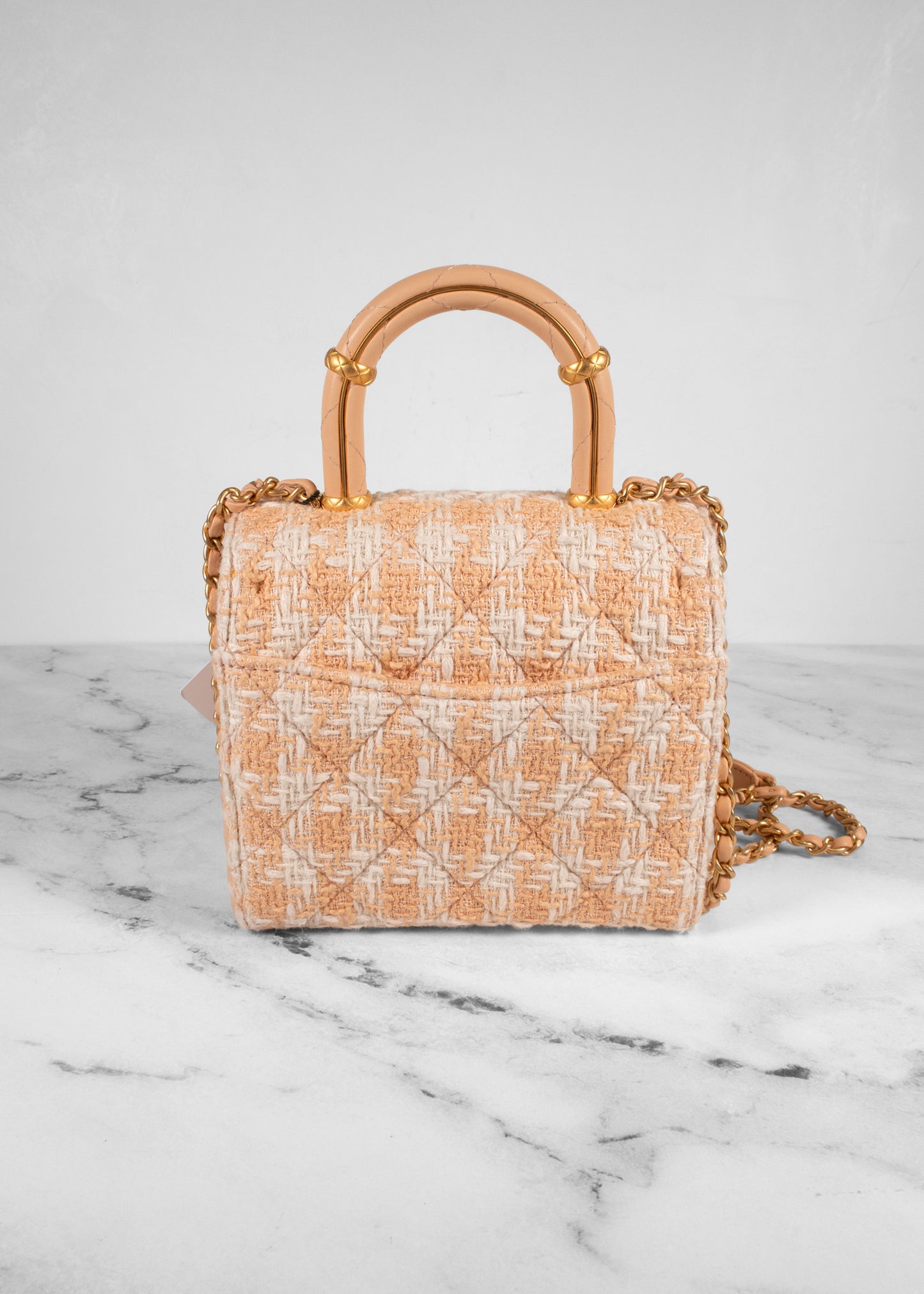 Chanel Peach And White Tweed Mini Square Flap Bag