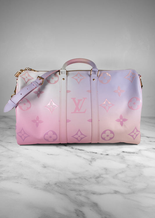 Louis Vuitton Sunrise Pastel Pink And White Gradient Keepall Bandouliere Travel Bag
