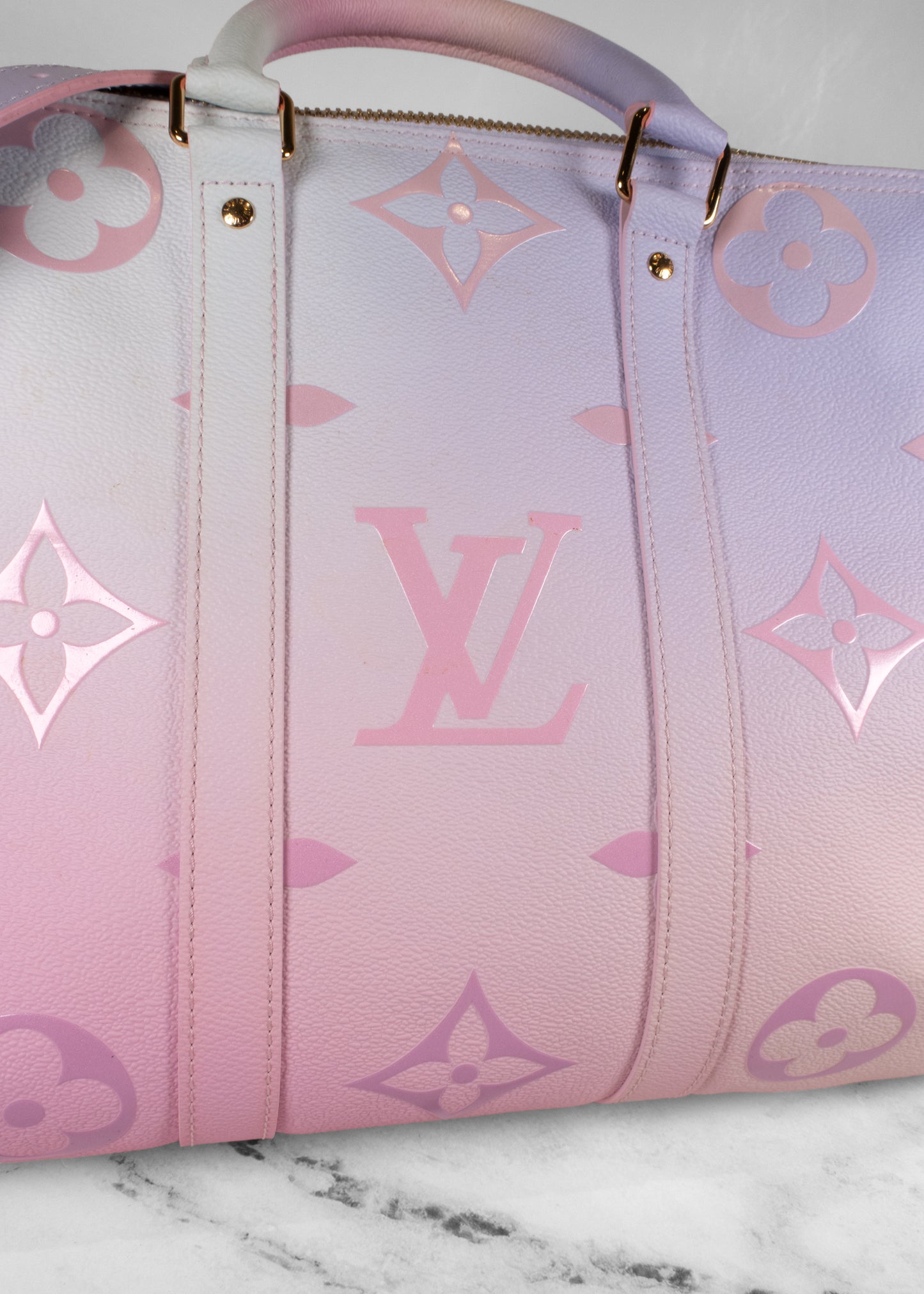 Louis Vuitton Sunrise Pastel Pink And White Gradient Keepall Bandouliere Travel Bag