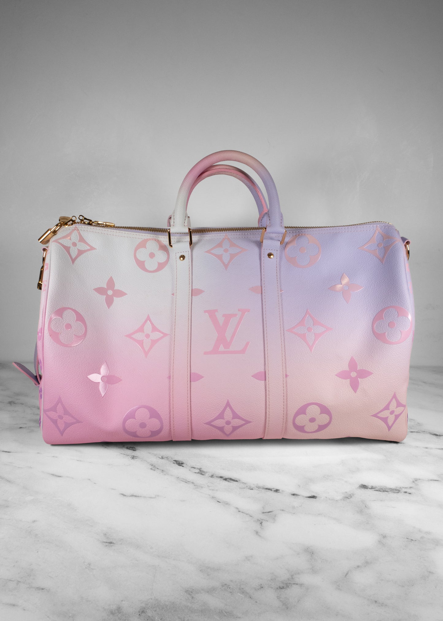 Louis Vuitton Sunrise Pastel Pink And White Gradient Keepall Bandouliere Travel Bag