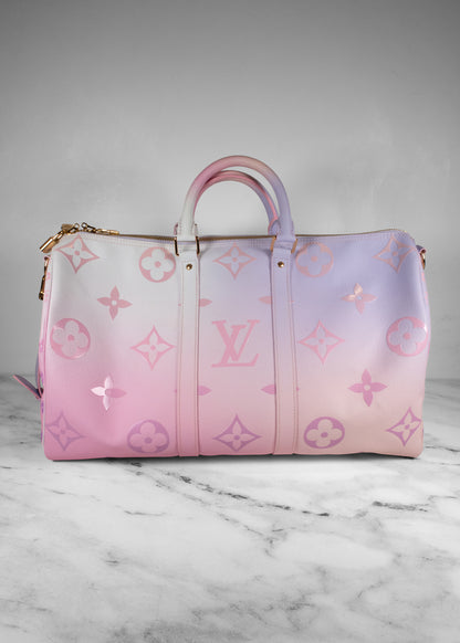 Louis Vuitton Sunrise Pastel Pink And White Gradient Keepall Bandouliere Travel Bag