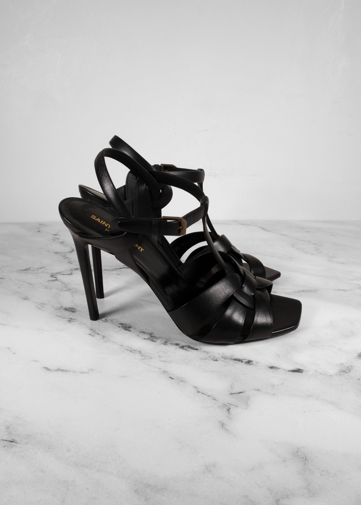 Saint Laurent YSL tribute Black Leather Strappy Heeled Sandals