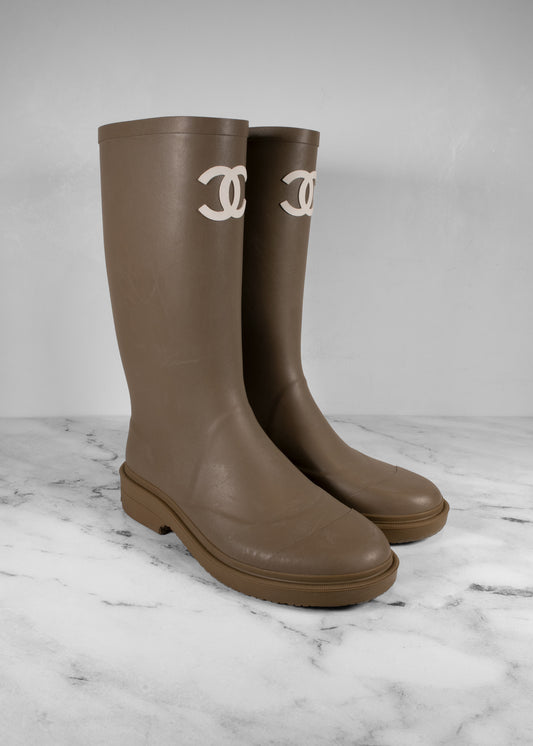 Chanel Olive Green Rubber Rain Boots