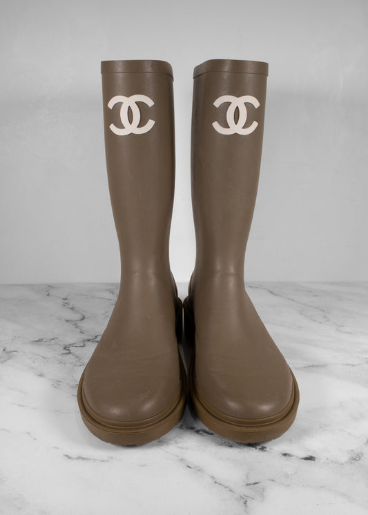 Chanel Olive Green Rubber Rain Boots