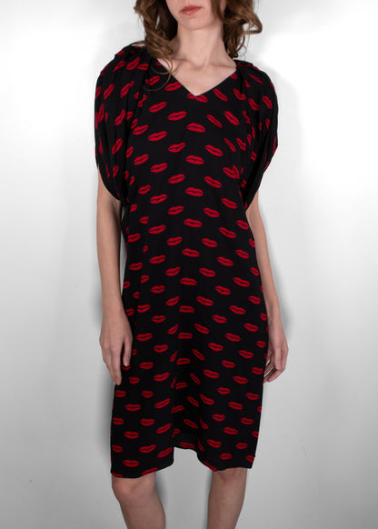 Prada Black Short Sleeve Midi Dress With Red Lip Print