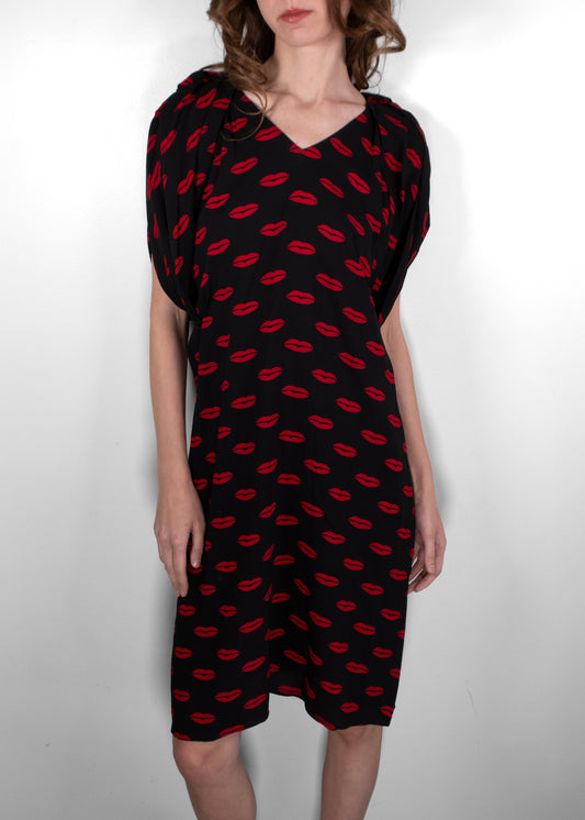 Prada Black Short Sleeve Midi Dress With Red Lip Print
