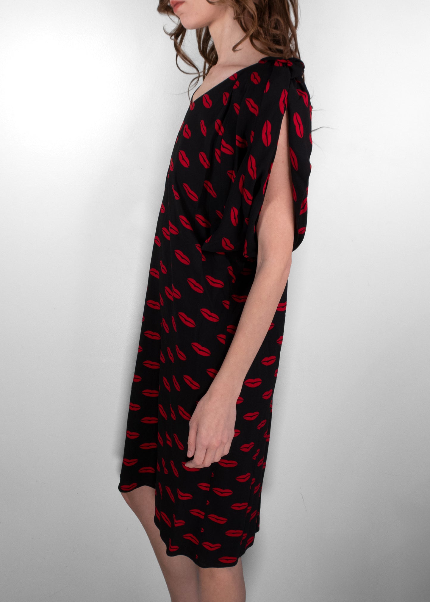 Prada Black Short Sleeve Midi Dress With Red Lip Print