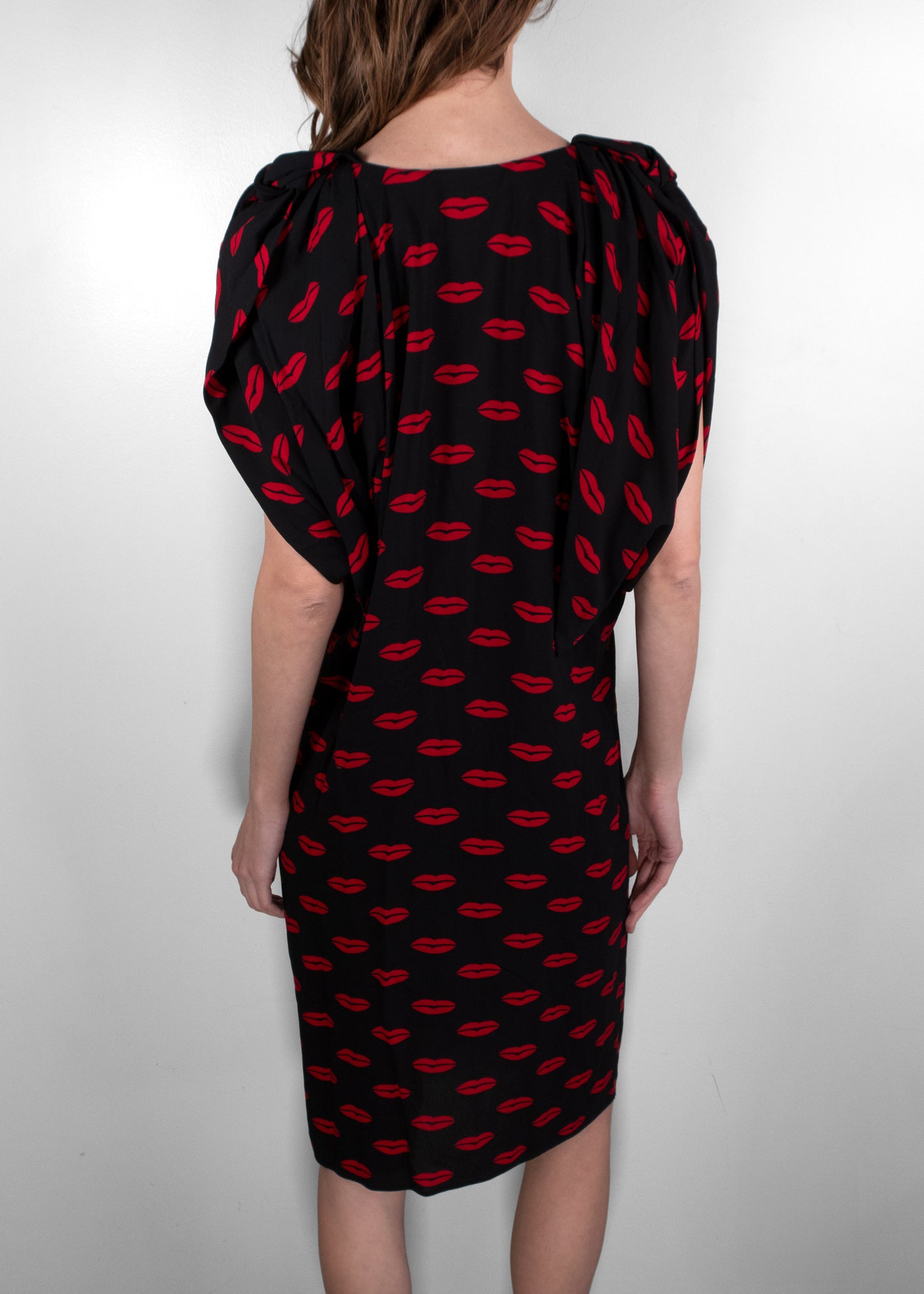 Prada Black Short Sleeve Midi Dress With Red Lip Print