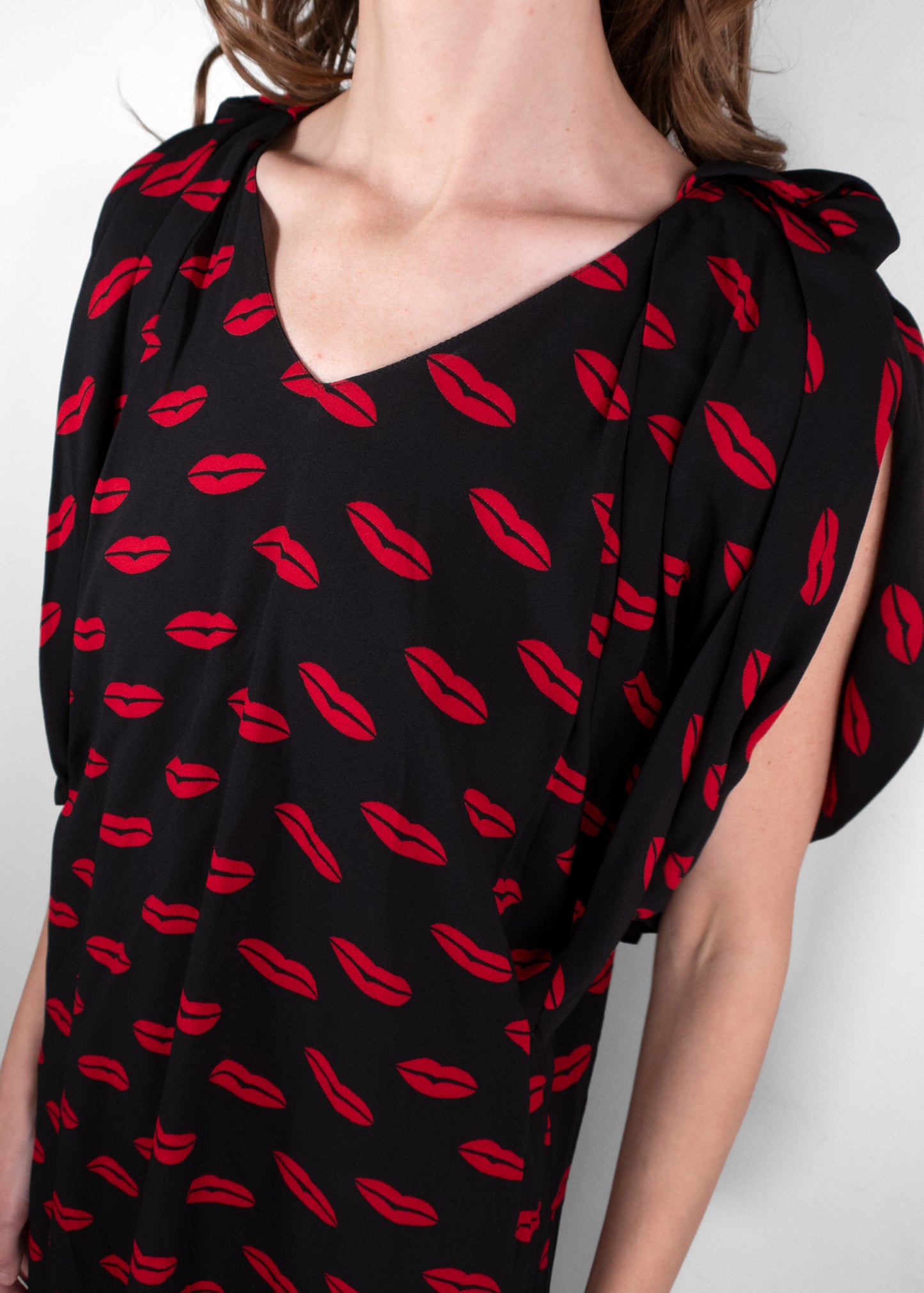 Prada Black Short Sleeve Midi Dress With Red Lip Print