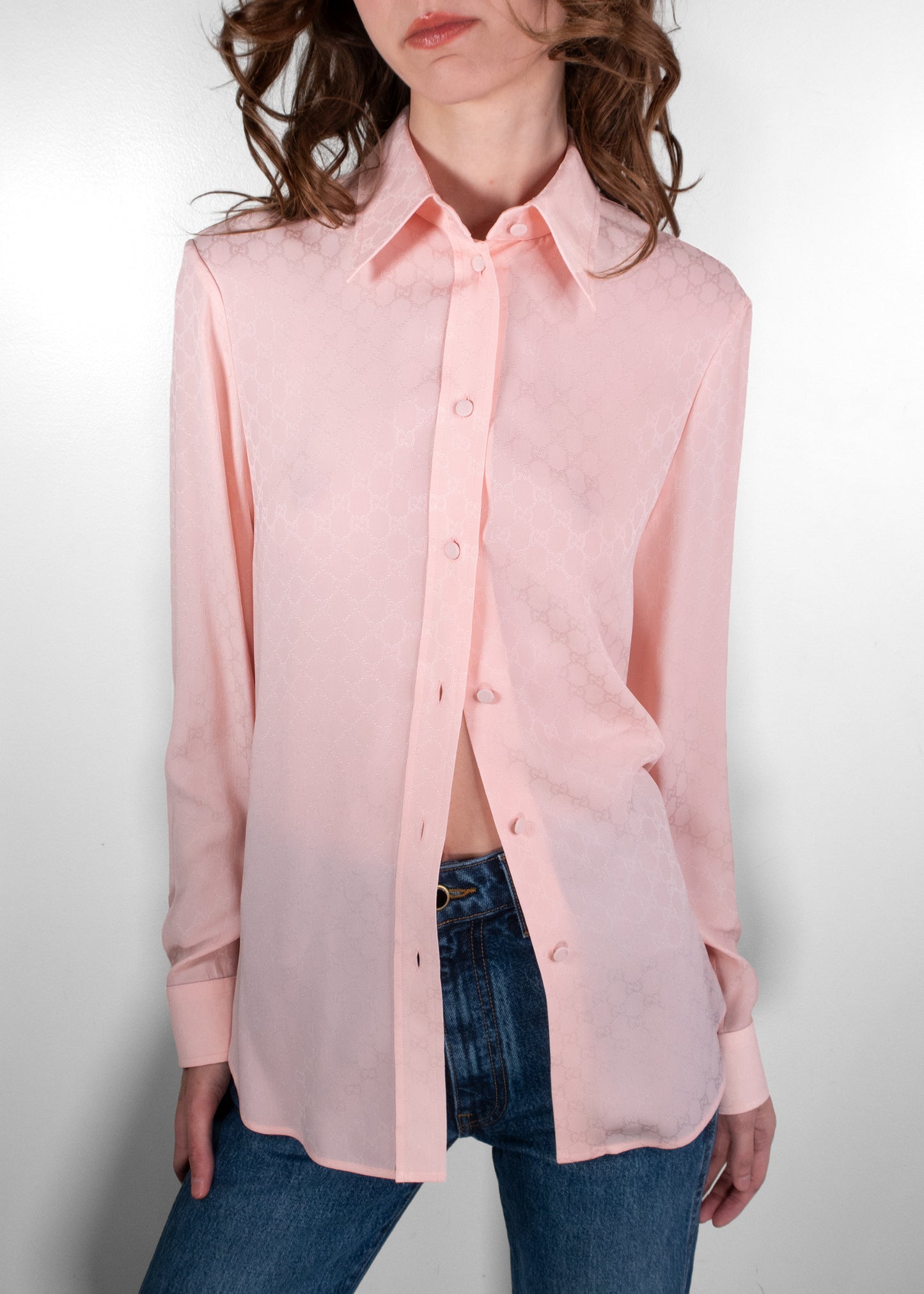 Gucci Pale Pink Silk Monogram Button Down Shirt