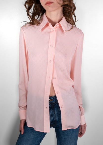 Gucci Pale Pink Silk Monogram Button Down Shirt
