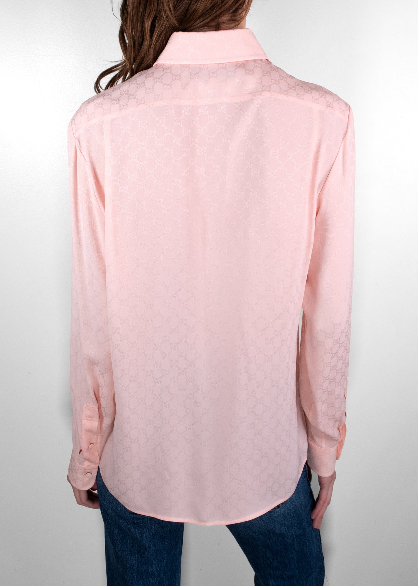Gucci Pale Pink Silk Monogram Button Down Shirt