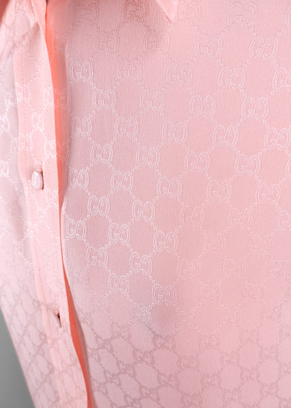 Gucci Pale Pink Silk Monogram Button Down Shirt