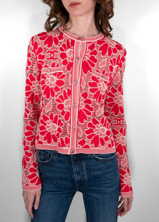 Chanel Red/White Floral Knit Cardigan