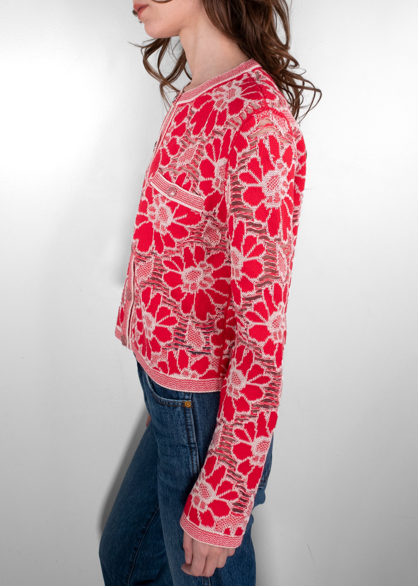 Chanel Red/White Floral Knit Cardigan