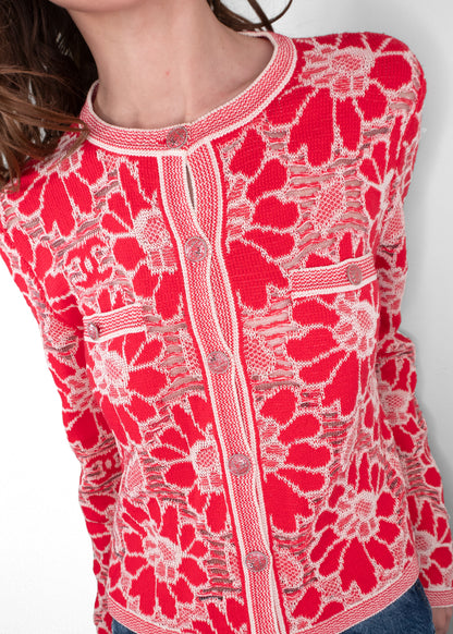 Chanel Red/White Floral Knit Cardigan