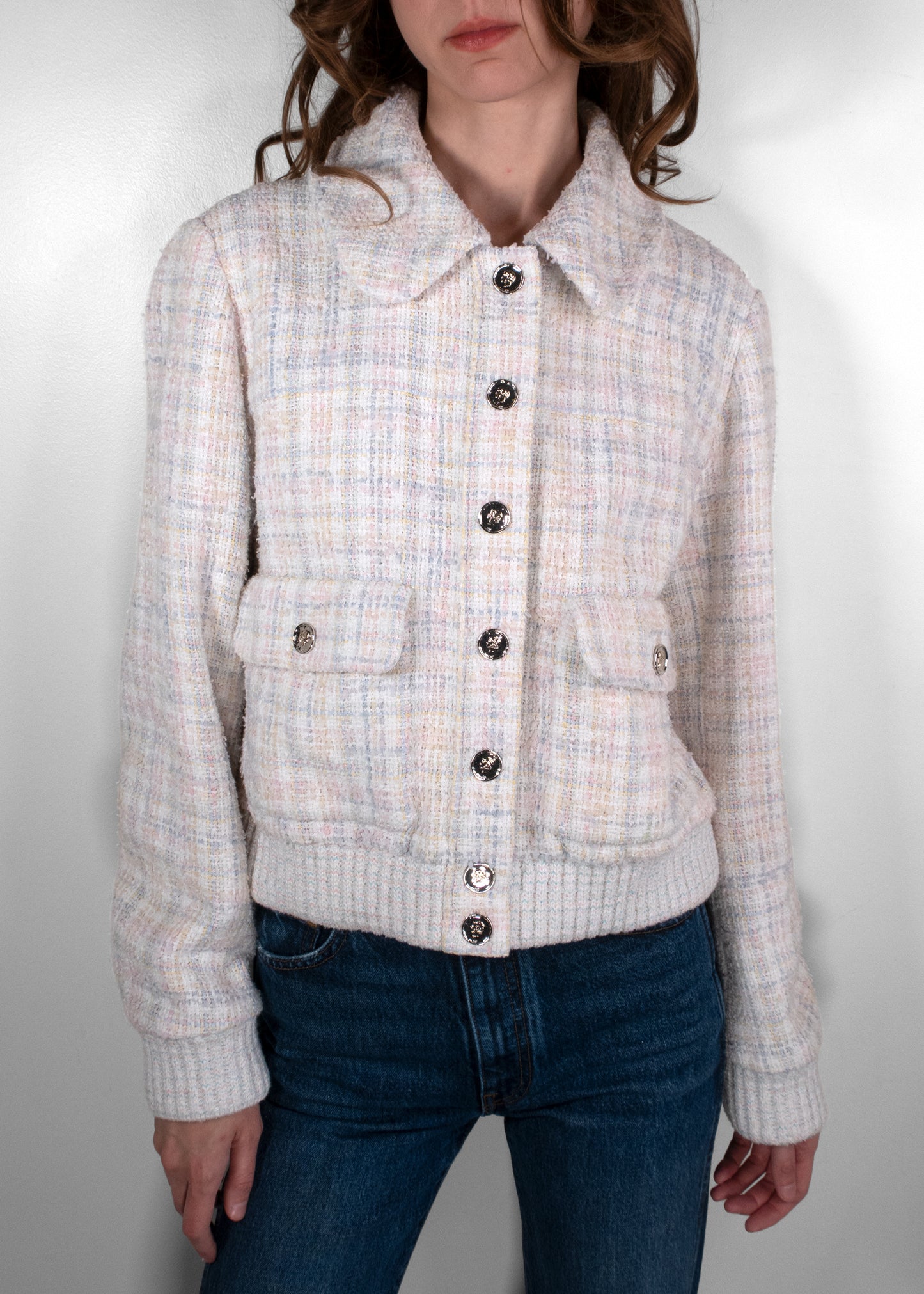 Chanel White/Light Pink Tweed Bomber Jacket With Silver Buttons