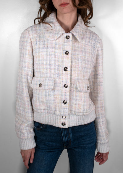 Chanel White/Light Pink Tweed Bomber Jacket With Silver Buttons