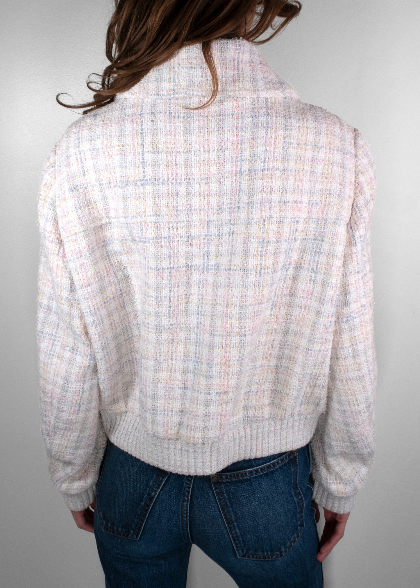 Chanel White/Light Pink Tweed Bomber Jacket With Silver Buttons