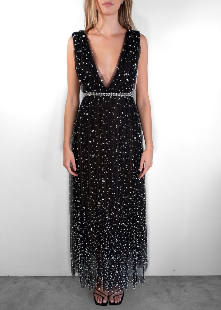 Marchesa Black Mesh Beaded Maxi Gown