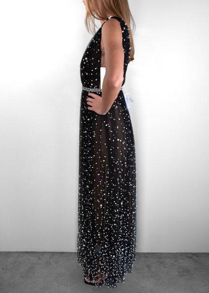 Marchesa Black Mesh Beaded Maxi Gown