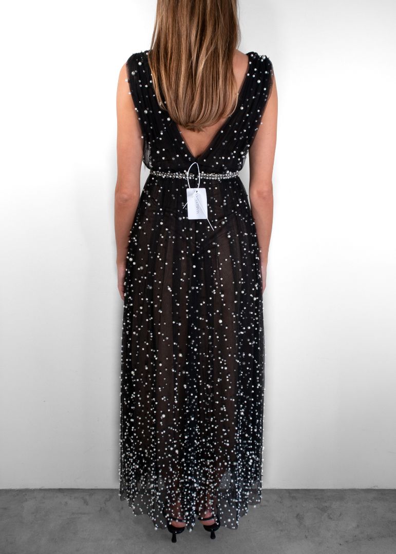 Marchesa Black Mesh Beaded Maxi Gown