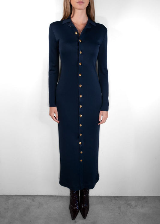 The Row Navy Long Sleeve Maxi Dress