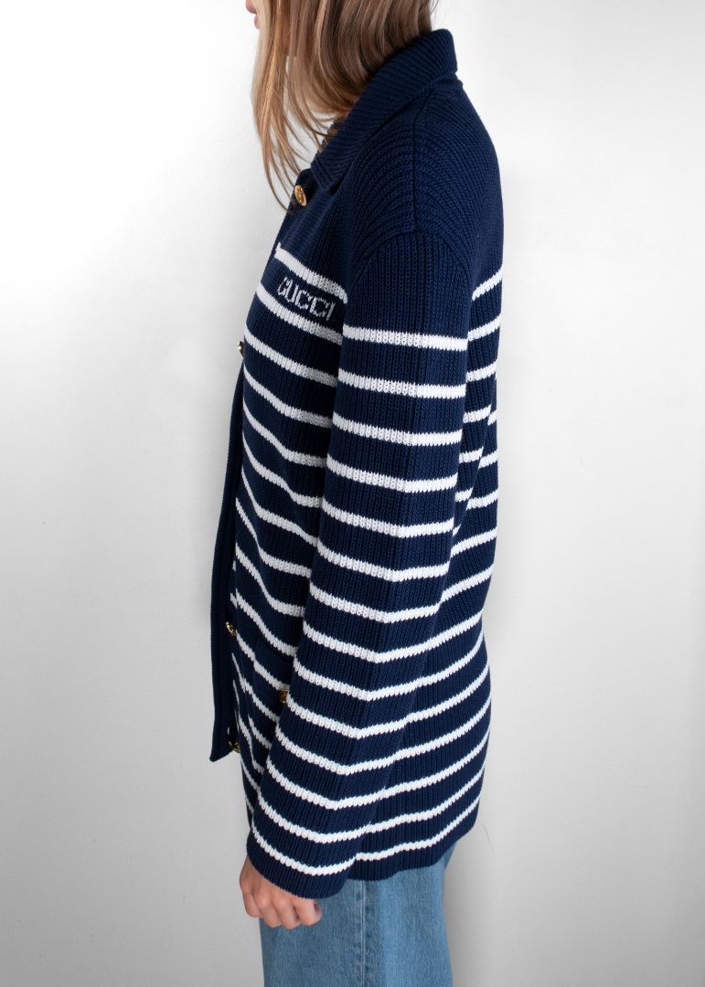Gucci Navy And Ivory Striped Knit Cardigan