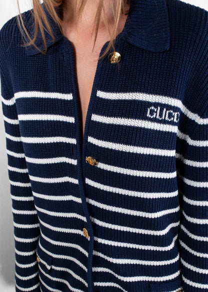 Gucci Navy And Ivory Striped Knit Cardigan