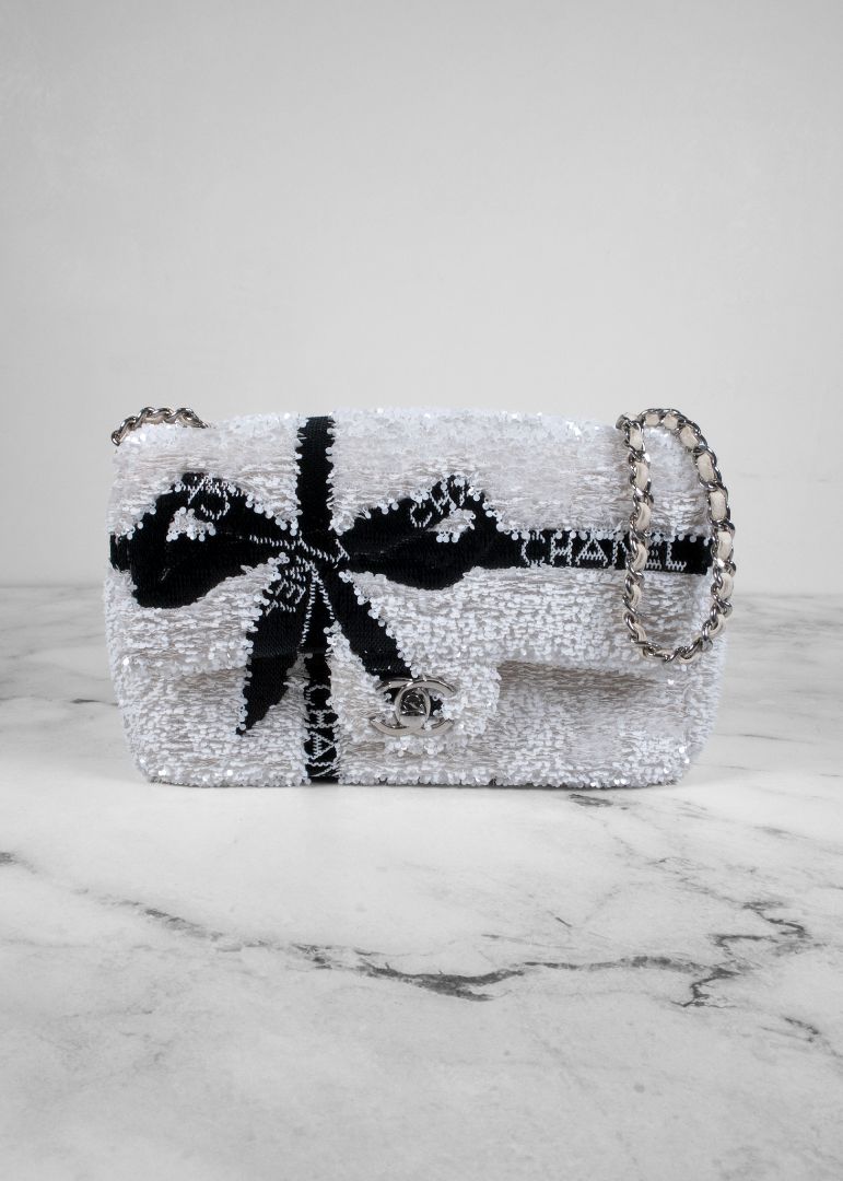 Chanel White And Black Sequin Bow Mini Flap Bag With Silver Hardware