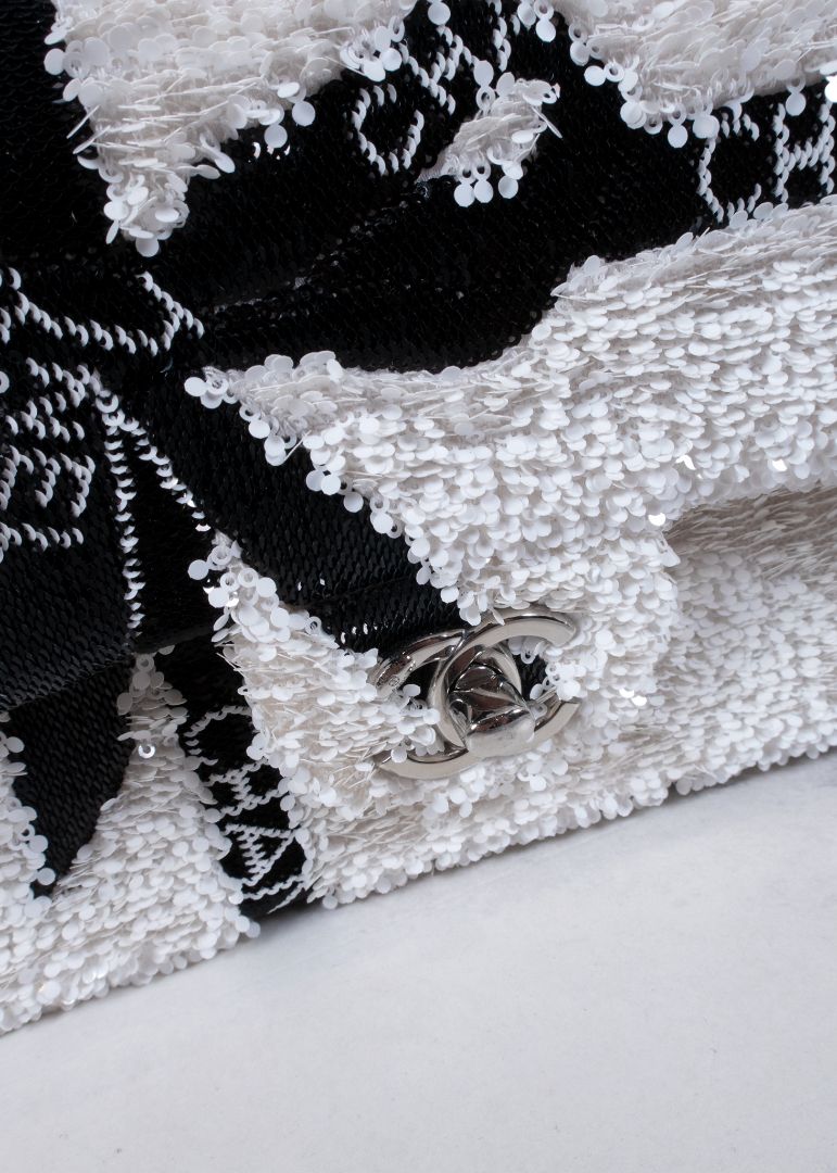 Chanel White And Black Sequin Bow Mini Flap Bag With Silver Hardware