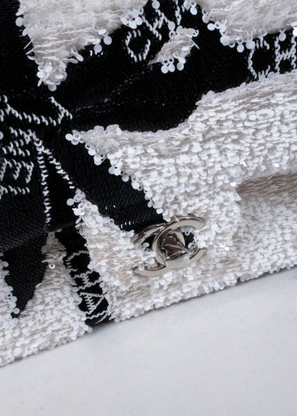 Chanel White And Black Sequin Bow Mini Flap Bag With Silver Hardware