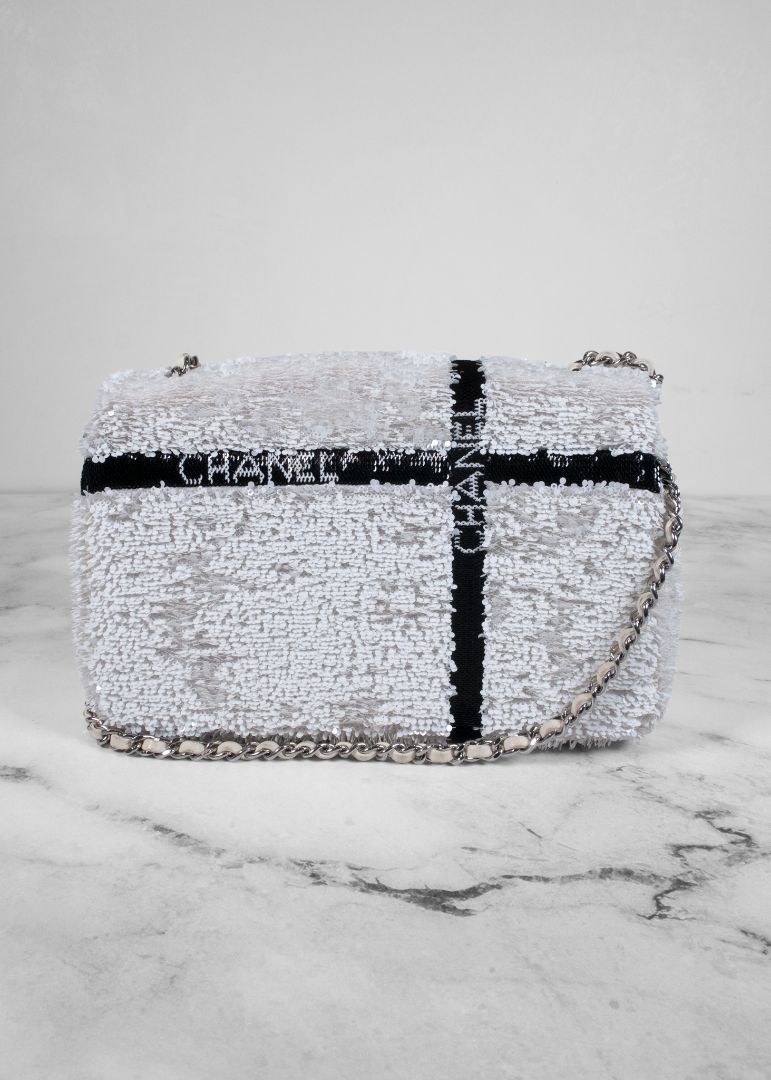 Chanel White And Black Sequin Bow Mini Flap Bag With Silver Hardware
