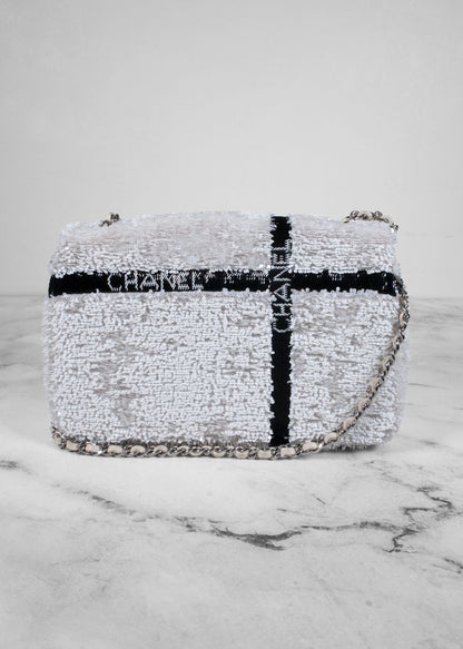 Chanel White And Black Sequin Bow Mini Flap Bag With Silver Hardware
