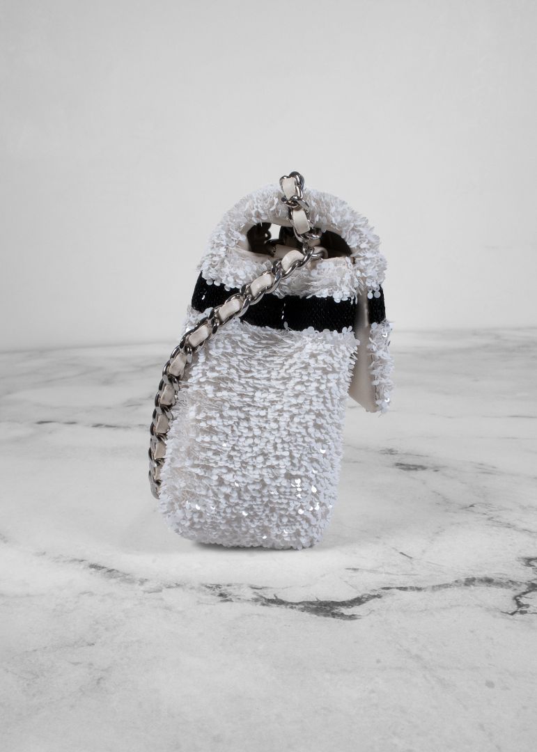 Chanel White And Black Sequin Bow Mini Flap Bag With Silver Hardware