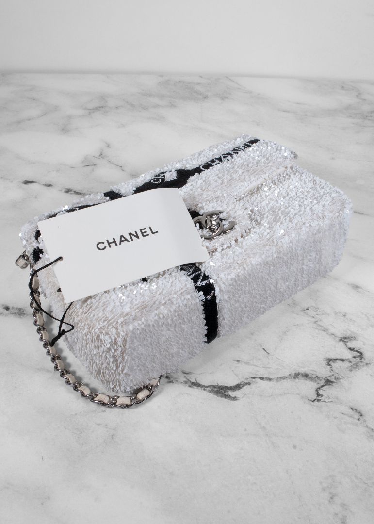Chanel White And Black Sequin Bow Mini Flap Bag With Silver Hardware
