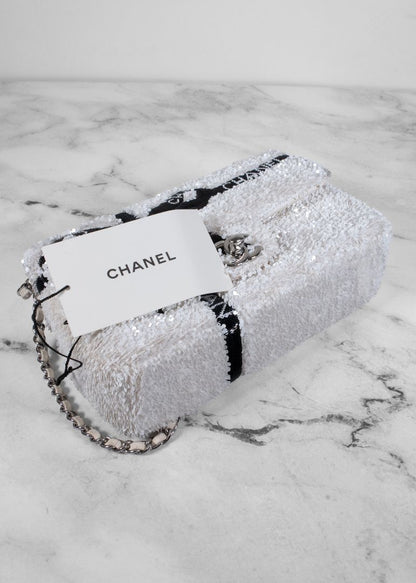 Chanel White And Black Sequin Bow Mini Flap Bag With Silver Hardware
