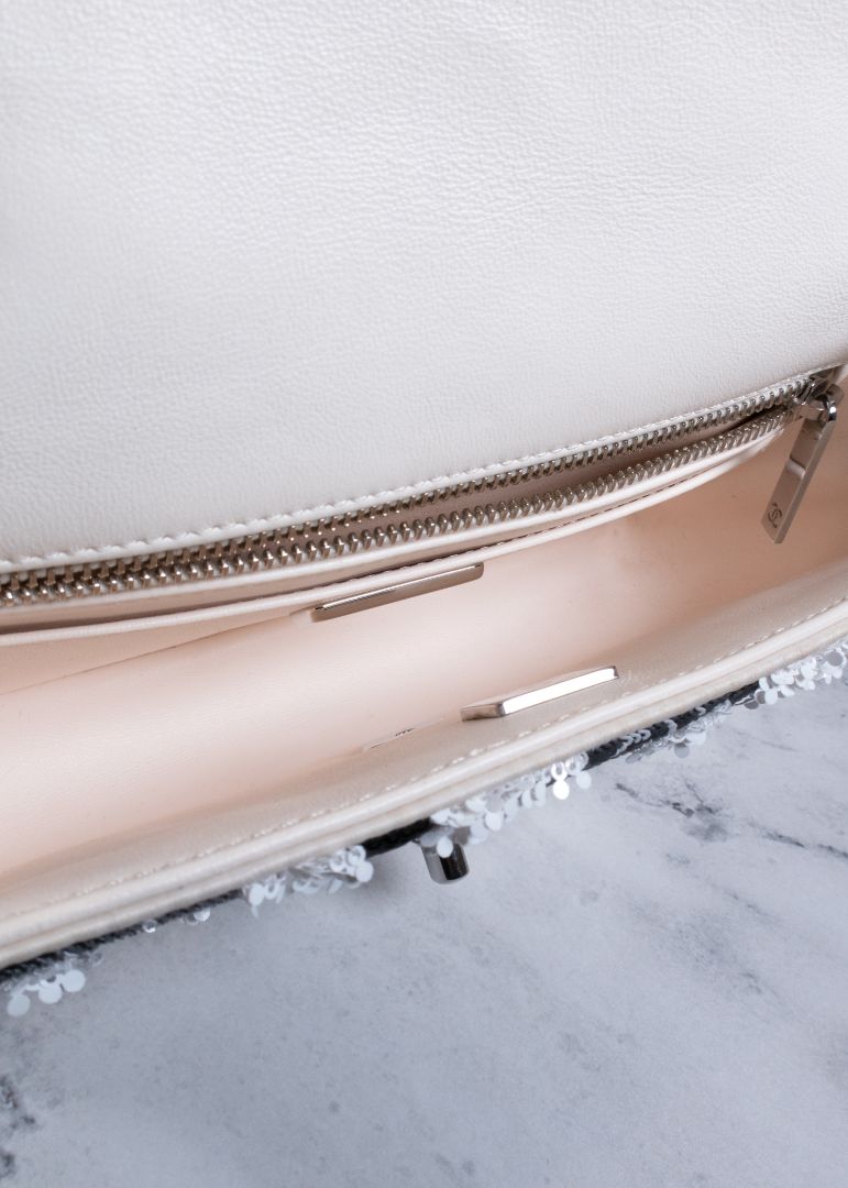 Chanel White And Black Sequin Bow Mini Flap Bag With Silver Hardware