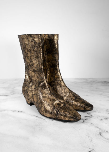 Chanel Gold Laminated Metallic Leather Ankle Boots