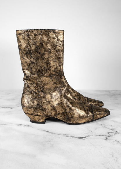 Chanel Gold Laminated Metallic Leather Ankle Boots